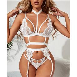 Sexy See-through Lace Strappy Choker Bra and Thong High Waist Lingerie with Garters N22161