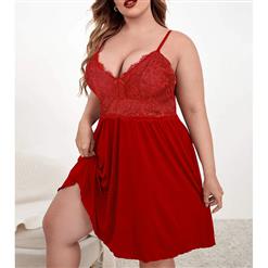 Plus Size Sexy Deep V Spaghetti Straps Valentine's Day Red Nightgown Babydoll Chemise N22213