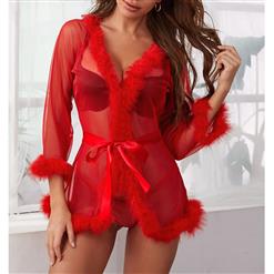 Sexy See-through Mesh and Fur Trim Long Sleeve Open Robe Babydoll Nightgown Bathrobe N22270