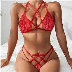 Sexy Red Strappy Bra and Thong See-through Floral Lace High Waist Underwear Lingerie N23284