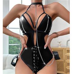 Sexy Glossy PU Haning Neck Lace-up Backless Elastic Bodysuit Teddies Lingerie N23335