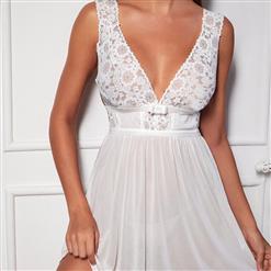 Sexy White Lace Mesh V Neck Backless Wide Straps Babydoll Sleepwear Lingerie N23346
