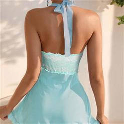 Stimulate Blue Lace Mesh Low-bra Hanging Neck Backless Babydoll Sleepwear Lingerie N23376