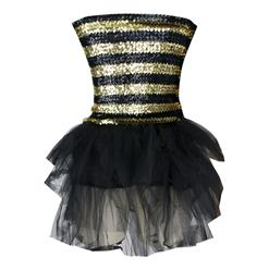 Sexy Lovely Black & Gold Bee Sequins Strapless Mesh Dress Costume N2573