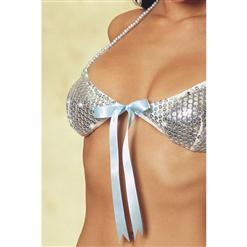 Erotic Women's Silver Sequin See-Through Mesh Bras Top Set N4072