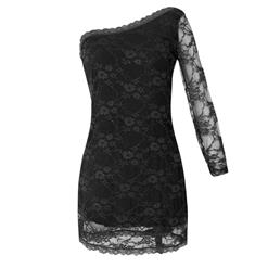 Sexy Black Sheer Floral Lace One-shoulder Clubwear Bodycon Mini Dress N4593