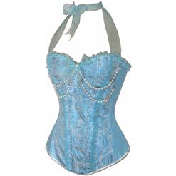 Feminine embroidered corset, Embroidered Halter Corset, Blue embroidered corset, #N5588
