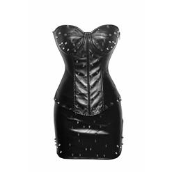 Spiked Leather Corset & Skirt, Spiked Leather Corset Set, Black Spiked Corset Set, #N5915