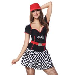 Sexy Short Red-black Racing Girl V-neck Adult Costume with Belt and Cap N6197