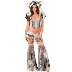 Deluxe Sexy Silver Indian Costume, White Fringe Indian Costume, Silver Indian Costume, #N6203