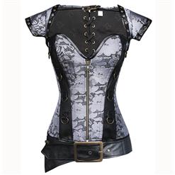 Silver and Black Faux Leather and Brocade Corset, Brocade corset, Steampunk corset, #N6371