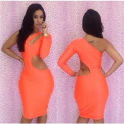Cut Out Orange Dress, Cut Out Bodycon Dress, One Shoulder Cut Out Dress, #N6427