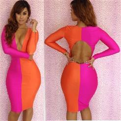 Pink & Orange Bodycon Dress, Bodycon Deep V-Neck Dresses, Cut Out Bodycon Club Dress, #N6569