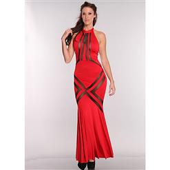 Mesh Cut Out Maxi Dress, Maxi Dress Red, Halter Neckline Maxi Dress, #N6614