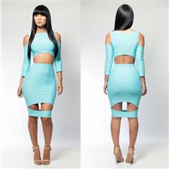 Long Sleeve Slim Dress, Cut Out Bodycon Dress, Blue Knee-Length Dress, #N6649