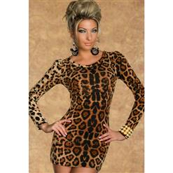 Long Sleeve Leopard Dress, Velvet Round Neck Leopard Clubwear, Velvet Crew Neck Leopard Dress, #N6747