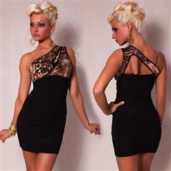 One Shoulder Leopard Dress, Black & Cheetah Print One-shoulder Club Dress, Black Asymmetrical Dress, #N6790