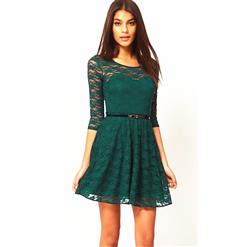 Charming Green Floral Lace Three Quarter Sleeve Cocktail Skater Dress with Belt N6812