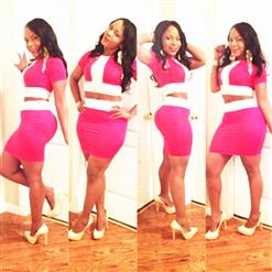 Hot Rosy Strip Bodycon 2 Pc Dress Set, Pink Dress with white stripes, Women Bodycon Evening Party Dress, #N6880