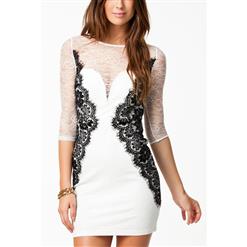 Sexy White Floral Lace Patchwork See-through Bracelet Sleeve Bodycon Mini Dress N7593