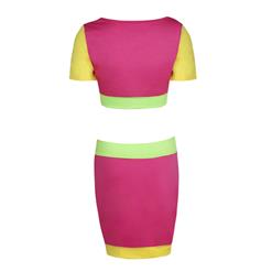 2 pcs Fashion Neon Color Short Cut Crop Top and  High Waist Wrap Skirt Set N7648