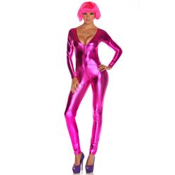 Rose Vinyl Leather Lingerie, Sexy Solid Front Zipper Jumpsuit, Rose Metallic Bodysuit, #N7892