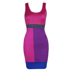 Fashion Rosy Neon Color Block Sexy Bodycon Mini Dress N7975