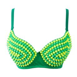 Punk Stud Gathering Bras, Strap Spiked Bras, Green and Yellow Studded Bra, #N8487