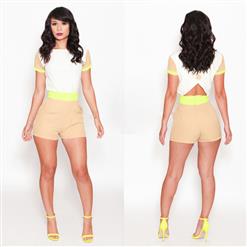 Casual Apricot Short Sleeves Fluorescein Hollow Out Jumpsuit Shorts N8575