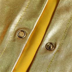 Gold Busk Closure Long Sleeves Top Black PU Shorts Set N8579