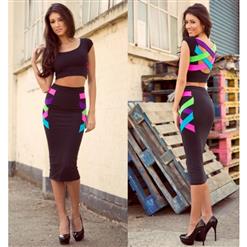 Stylish Two Piece Crisscross Bandage Rainbow Color Top and Skirt Bodycon Dress N8602