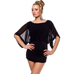 Black Blouse Mini Dress, Wide Sleeve Chiffon Mini Dress, Batwing Sleeves Dress, #N8814