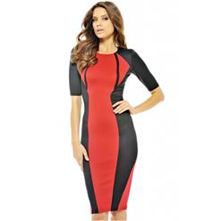 2/5 Sleeve Slim Knee-Length Dress, Black and Red Short Sleeve Pencil Dress, Contrast Colour Evening Midi Dress, #N8909