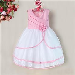 Pink and White Birthday Baby Girl Dress, Flower Embellish Fold Princess Dress, Mesh and Satin Occasion Dress, #N9003