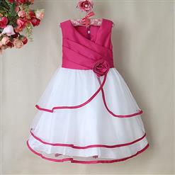 Rose and White Birthday Baby Girl Dress, Flower Embellish Fold Princess Dress, Mesh and Satin Occasion Dress, #N9004