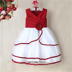 Red and White Birthday Baby Girl Dress, Flower Embellish Fold Princess Dress, Mesh and Satin Occasion Dress, #N9005