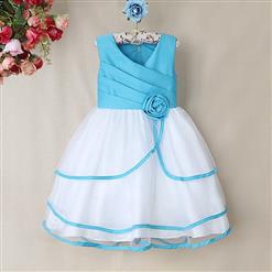 Blue and White Birthday Baby Girl Dress, Flower Embellish Fold Princess Dress, Mesh and Satin Occasion Dress, #N9006
