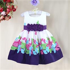 Butterfly Print Pleated Girls Dress, Whirte and Purple Floral with Big Bow Dress, Butterfly Pattern Paty Princess Dress, #N9009