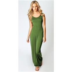 Tank Top Ankle Length Long Maxi Dress, Scoop Neck Sleeveless Maxi Dress, Moss Green Party Casual Maxi Dress, #N9019