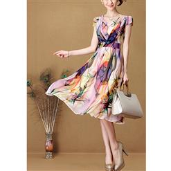 Elegant Floral Print Short Sleeve Long Dress N9072