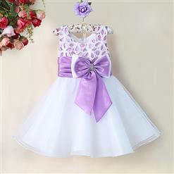 Purple and White Birthday Girl Dress, Sleeveless Applique Work Princess Girl Dress, Mesh and Satin Occasion Dress, #N9091