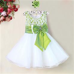 Green and White Birthday Girl Dress, Sleeveless Applique Work Princess Girl Dress, Mesh and Satin Occasion Dress, #N9092