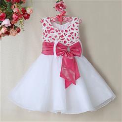 Rose and White Birthday Girl Dress, Sleeveless Applique Work Princess Girl Dress, Mesh and Satin Occasion Dress, #N9093
