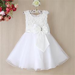 White Birthday Girl Dress, Sleeveless Applique Work Princess Girl Dress, Mesh and Satin Occasion Dress, #N9094
