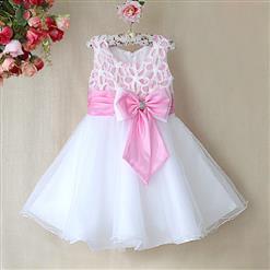 Pink and White Birthday Girl Dress, Sleeveless Applique Work Princess Girl Dress, Mesh and Satin Occasion Dress, #N9095