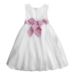 Girls White Round Neck Rhinestone Belt Lace Princess Dress N9114