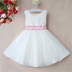Lovely Girls White Floral Lace Dress, White Lace Flower Girls Dress, Rhinestone Pink Belt Pure Dress, Sleeveless Flower Lace Princess Dress, Tul#N9114