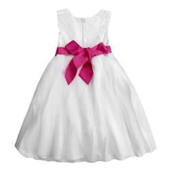 Girls White Round Neck Rhinestone Belt Lace Princess Dress N9115