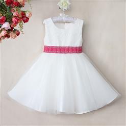 Lovely Girls White Floral Lace Dress, White Lace Flower Girls Dress, Rhinestone Pink Belt Pure Dress, Sleeveless Flower Lace Princess Dress, Tul#N9115