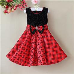 Black and Red Plaid Girl Dress, Sleeveless Black Glitter Princess Girl Dress, Bow Glitter Party Dress, #N9118